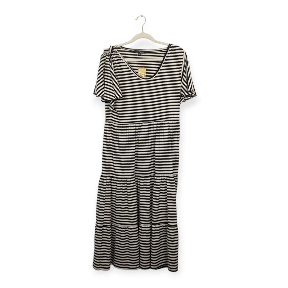 Suzanne Betro Dress L Black Cream Tiered Striped Midi Casual NWT